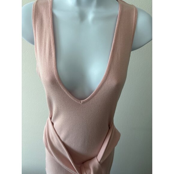 Y2K Dress M Blush Knit Bodycon Deep V Neck Sleeve Tie Waist Side Slit Night Out - Picture 14 of 16